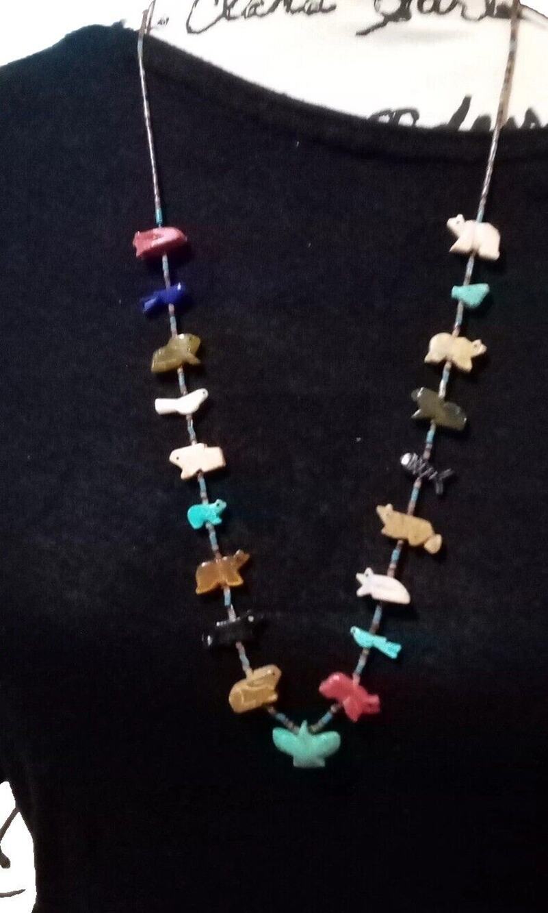 Zuni Fetish Necklace Onyx Abalone Lapis Turquoise 28”Heishi Bear,Frog,Bird& More